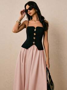 Poéselle Vestido de mujer de largo medio con correa de color de contraste, de estilo casual y elegante - Rosa - Ver 7