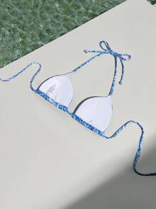 SHEIN Swim Summer Beach Paisley Print Halter Triangle Bikini Top - Blue and White - View 2