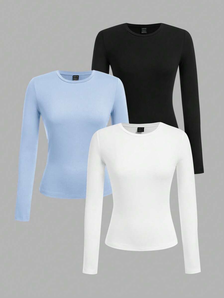 SHEIN EZwear 3 件套女士圆领休闲紧身长袖 T 恤套装（黑、白、蓝），适合秋冬季 - 彩色 - 查看 1
