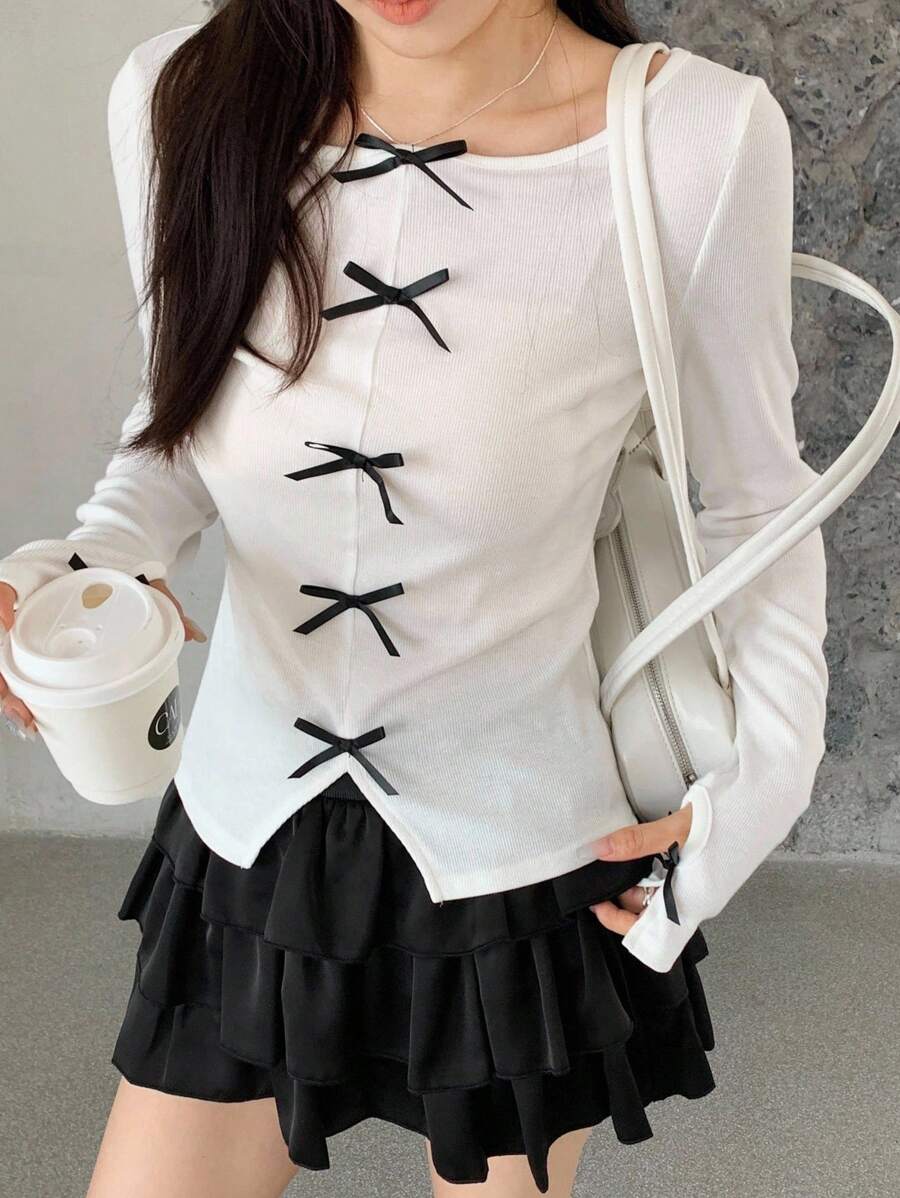 SHEIN Áo thun dài tay cổ tròn màu trơn cho nữ tuổi teen, tay raglan, phối nơ tương phản, kiểu dáng thường ngày, thích hợp cho kỳ nghỉ, mùa xuân/hè, năm mới/trở lại trường/ngày đầu tiên đi học. - trắng - Xem 1