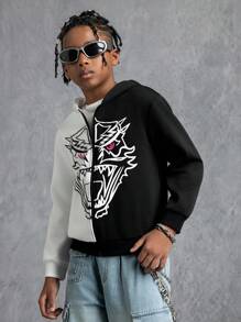 GODZILLAxKONG X SHEIN Tween Boy 街头酷炫运动休闲怪兽图案撞色连帽衫拉链针织黑白卫衣夹克 X KONG - 黑與白 - 查看 7