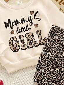 SHEIN 2 件奶油米色复古可爱豹纹“Mama's Little Girl”字母图案圆领长袖运动衫和紧身裤套装，适合年轻女孩的秋冬装 - 彩色 - 查看 4