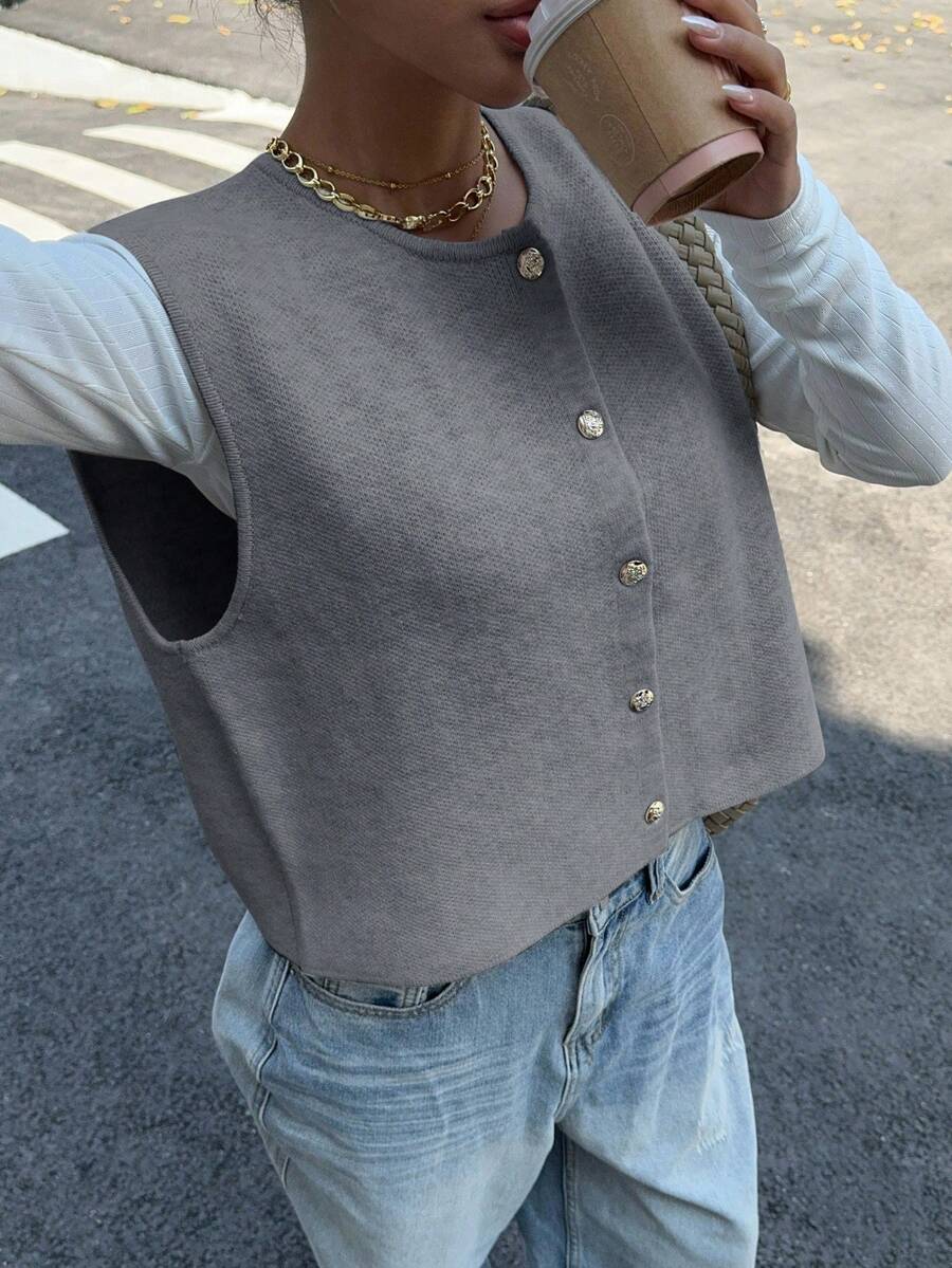 Siren Gaze Women's Casual Solid Color Short Wool Metal Button Sweater Vest,Fall Winter Casual Spring - Light Grey - View 1