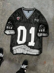 Manfinity Campus Court Plus Size Men Mesh Fabric T-Shirt With V-Neck - Black - View 1