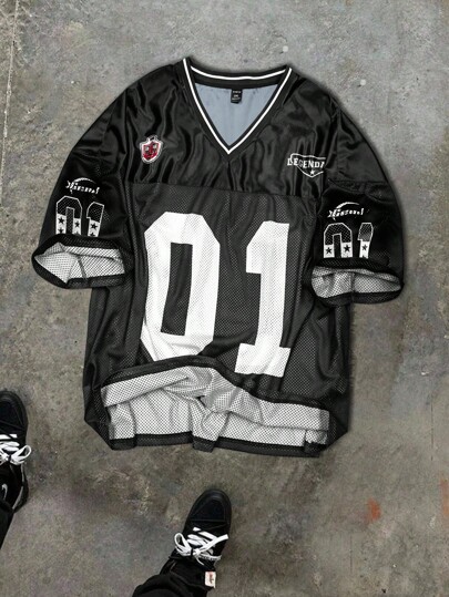 Manfinity Campus Court Camiseta com Gola V em Tecido de Tela Plus Size para Homens