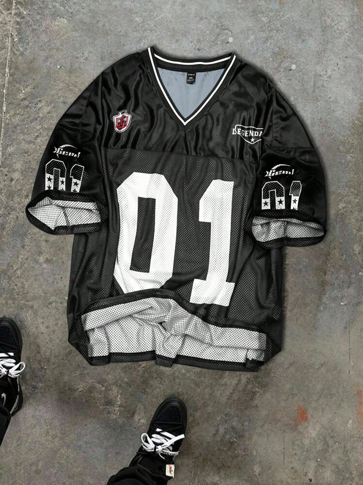 Manfinity Campus Court قميص تي شيرت رجالي بقصة رقبة على شكل حرف V من قماش الشبكة مقاس كبير الحجم - الأسود - مشاهدة 1