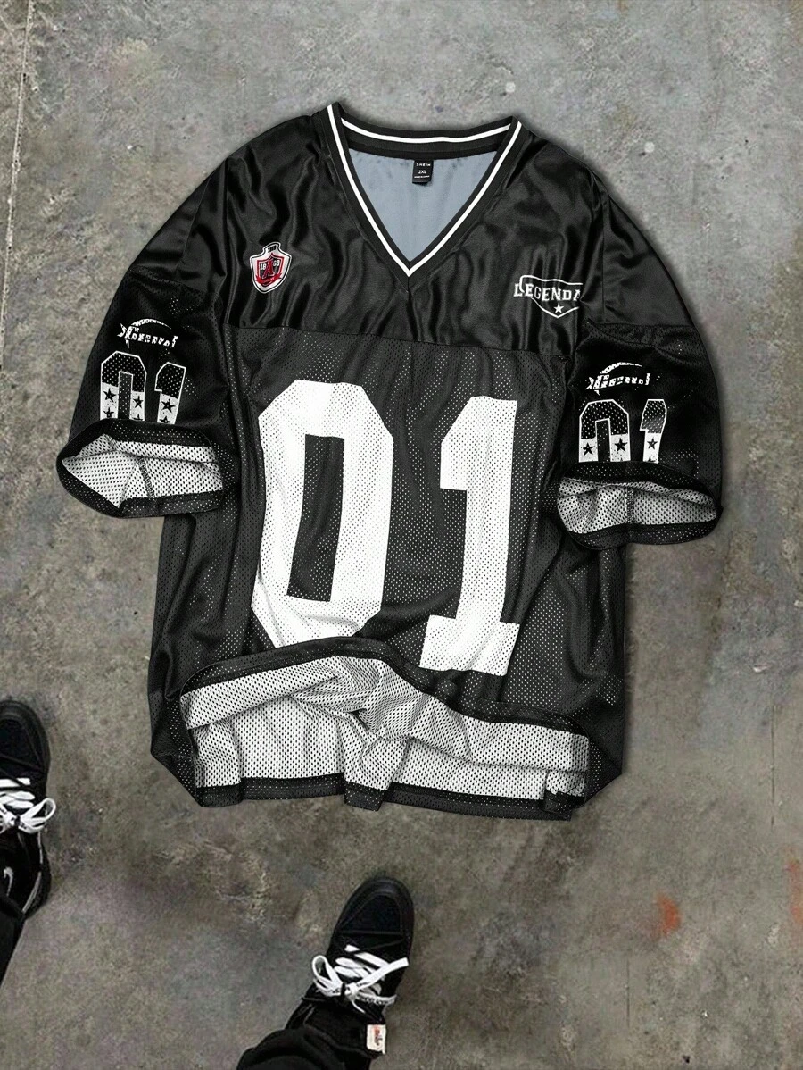 Manfinity Campus Court Plus Size Men Mesh Fabric T-Shirt With V-Neck - Black - View 1