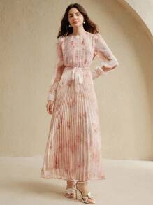 Anewsta New Elegant Pleated Round Neck Dress For Women - Baby Pink - View 4