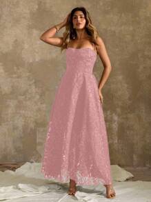 Roveilla 露肩、婚礼宾客、毕业典礼、浪漫、晚会、正式女士连衣裙、生日派对、优雅、夏季女士服装、鸡尾酒会迷你连衣裙、时尚优雅简约穿孔纹理细肩带长裙、性感紧身腰部修身优雅连衣裙 - 藕粉色 - 查看 3
