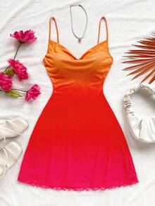 Soleia Women's Gradient Color Spaghetti Strap Draped Neck Mini Dress, Suitable For Beach, Western, Music Festival, Summer Vacation Outfit, Bohemian Sunset Dress Sunset Color Outfit Ombre Dress - Multicolor - View 4