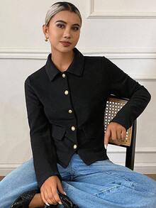 DAZY Women's Solid Color Fitted Elegant Vintage Collar Long Sleeve Textured Fabric T-Shirt, Autumn/Winter - Black - View 4