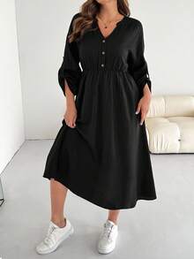 SHEIN Essnce Plus Size Women's Spring And Autumn Fashion Casual Loose Comfortable Daily V-Neck Textured Fabric Waist Black Long Sleeve Mid-Length Dress With Pockets,Fall Outfits,Church Clothes For Women,Fall Clothes For Women