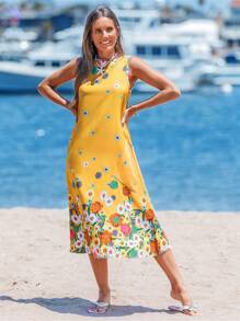 Sylviya 夏季背心裙长裙黄色花朵印花波西米亚假日连衣裙 - 黃色 - 查看 3