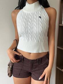SHEIN EZwear 女士时尚扭纹针织高领无袖露背上衣 - 白色 - 查看 6