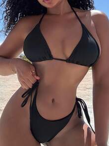 Alexandranx Summer Beach Mono Bikini Set Halter Triangle Bra & Tie Side Bottom 2 Pieces Bikini - Black - View 3
