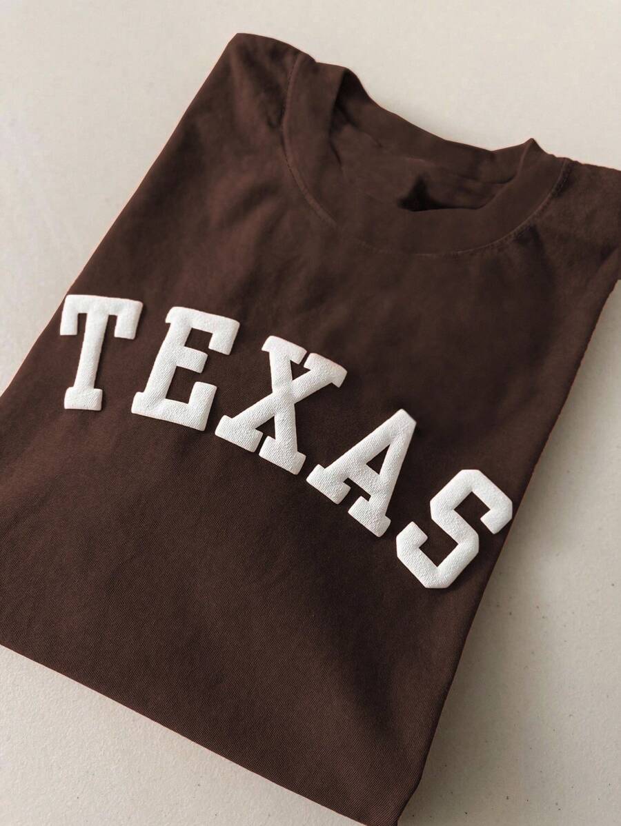 INAWLY TEXAS 男女款短袖泡泡袖乙烯基彩色 T 恤,圆领女款图案 T 恤 - 巧克力棕 - 查看 1