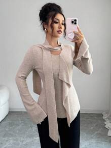 Elenzga Camiseta de manga larga con volantes asimétricos, jersey ajustado y ceñido de punto calado, top casual versátil de unicolor minimalista para el otoño - Camel - Ver 1
