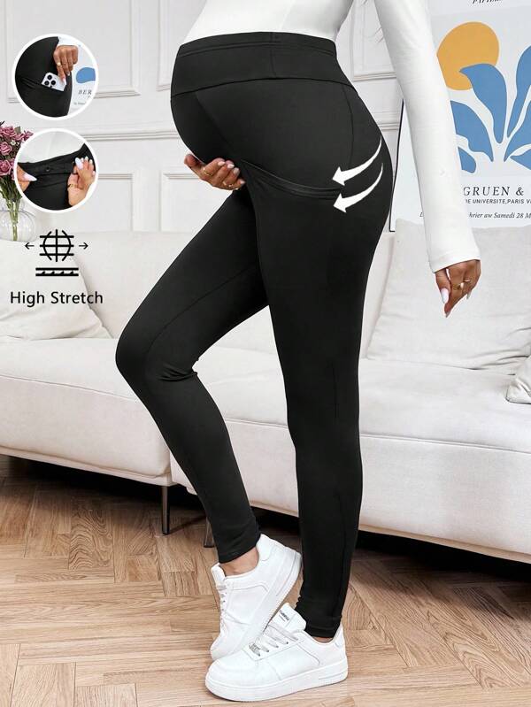 SHEIN Maternity Casual Solid Color Adjustable Waist Zipper Pocket Leggings, Versatile