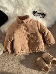 SHEIN Baby/Toddler Padded Coat, Winter Quilted Fleece Thickened Jacket, Fall/Winter All-Match Corduroy Long Sleeve Warm Padded Coat, Comfortable Soft Versatile Daily Wear, Suitable For Indoor, Outdoor, Daily, Sports, Play, Party, Photo Shoot, Festival, Halloween, Christmas - Khaki - View 4