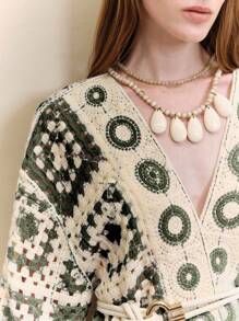Revavyn 女士刺绣开衫、钩针针织毛衣、外套 - 墨綠色 - 查看 2