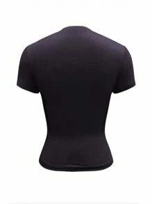 SHEIN EZwear 女士纽扣门襟纯色短袖休闲短款 T 恤 - 淺灰紫 - 查看 2