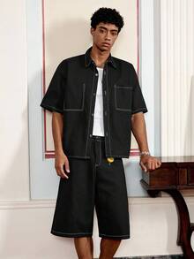 SWAVVY Men's Casual Loose Vintage Style Shirt & Shorts Set, Summer - Black - View 4