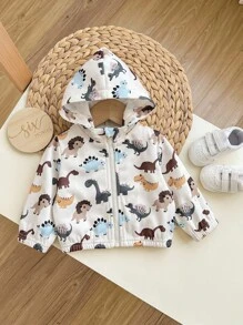 SHEIN Kapuzenjacke für Neugeborene, Mädchen, mit süßem Cartoon-Print, lässig und vielseitig für Herbst/Winter, Dinosaurierjacke für Babys, Reißverschlussjacke für Babys, Frühlings- und Herbstjacke für Babys, Dinosaurierjacke für Kleinkinder, Reißverschlussjacke für Kleinkinder
