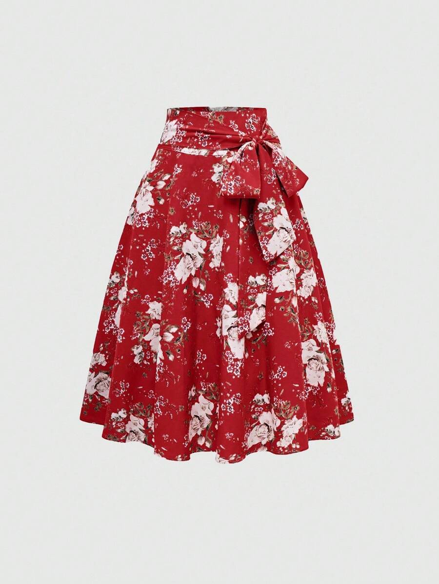 Franclia Women's Floral Print Side Knot Waist Elegant Skirt, For Vacation - Red - View 1