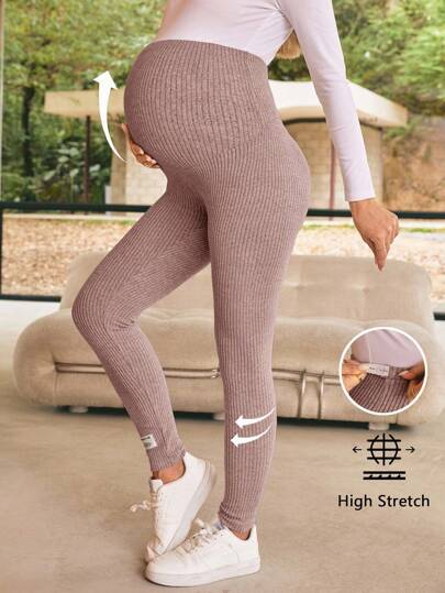SHEIN Maternity Adjustable Waist Ribbed Casual Leggings For Women