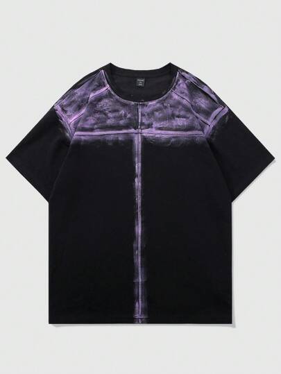 Street Life قميص تي شيرت رجالي بتأثير رش الفرشاة الفنية، قصير الأكمام للربيع/الصيف، بطراز عام 2000