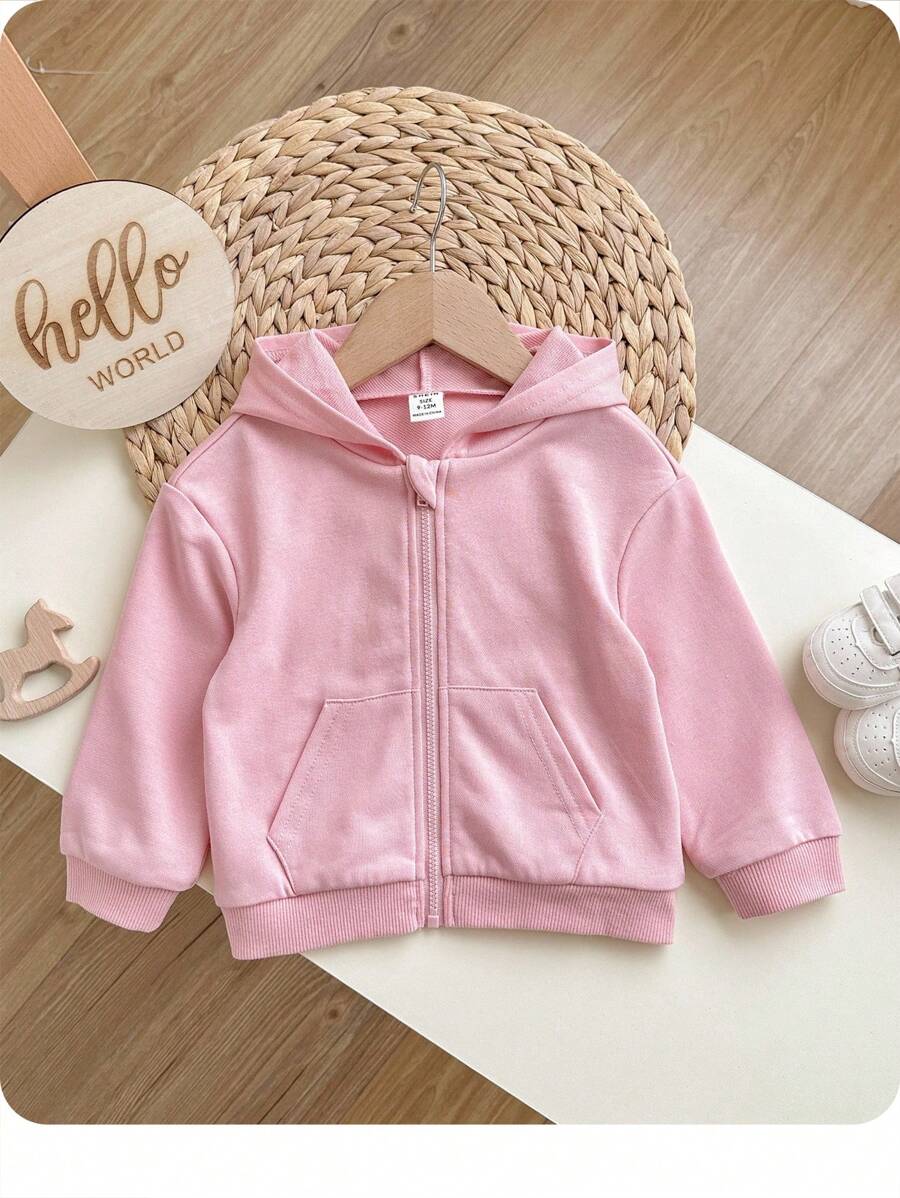 女婴纯色连帽拉链长袖连帽衫