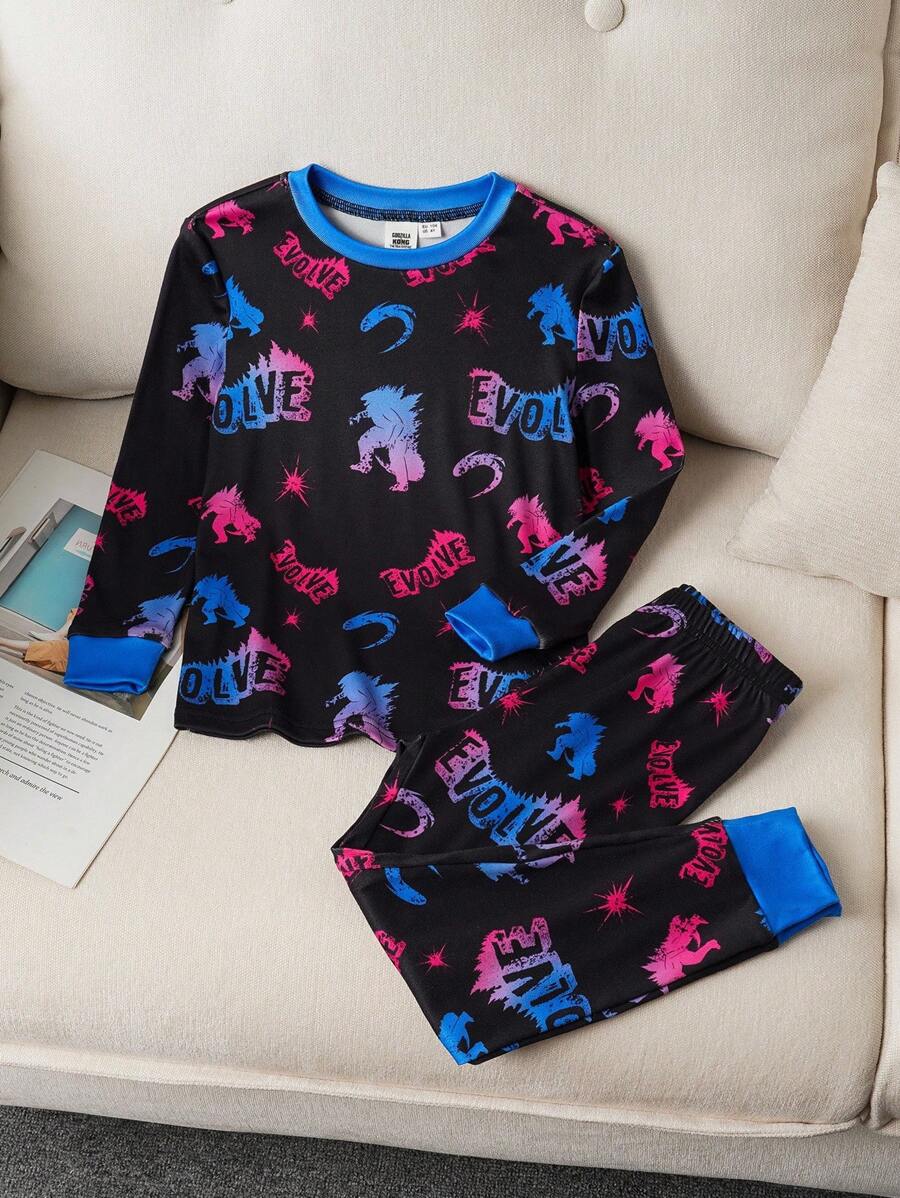 GODZILLAxKONG X SHEIN 2 pièces Ensemble de pyjama casual confortable avec Top à manches longues col rond et pantalon avec motif monstre jeune garçon