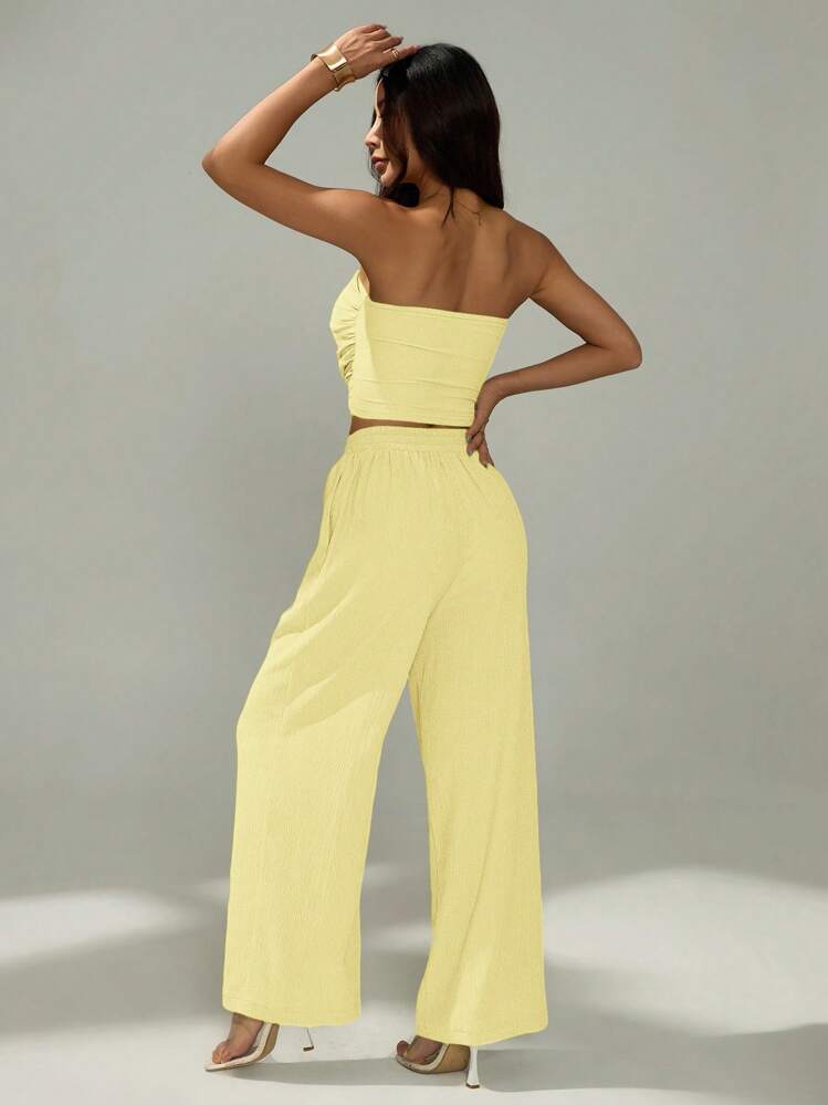 SHEIN PETITE Women's Solid Color Pleated Bandeau Top And Pleated Elastic Waist Long Pants 2 Pieces Set,Summer Outfits For Women - Yellow - View 2