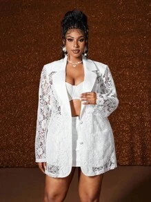 Maweii Plus Size Elegant Vintage Party Lace Blazer - White - View 5