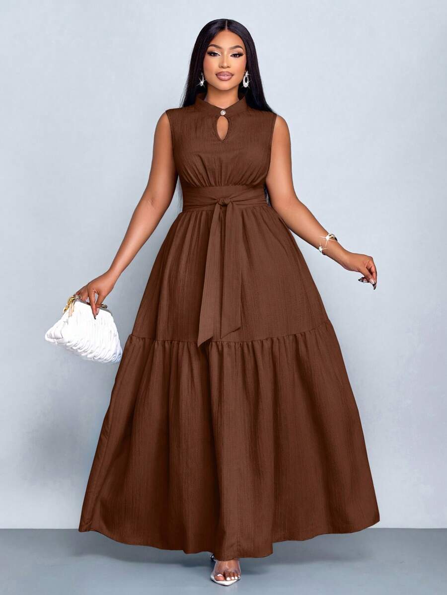 SOLERSUN فستان أنيق للنساء بياقة عالية، قصة أمامية مفتوحة، بدون أكمام، خصر مربوط بعقدة، لون أزرق، مناسب للارتداء اليومي والخروج، موضة صيفية جديدة