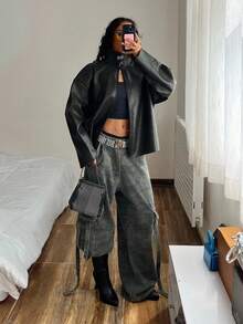 StreetHx 女士时尚百搭立领复古夹克 - 深灰色 - 查看 3