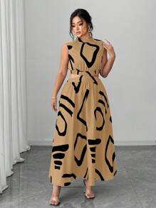 Elenzga 大码无袖短款上衣性感优雅休闲/度假连衣裙 - 卡其色 - 查看 3