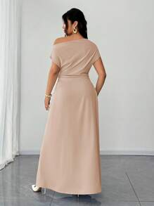 Elenzga 大码落肩褶饰优雅修身连衣裙 - 杏色 - 查看 3