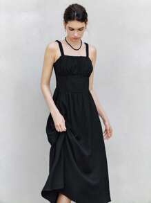 Chiquease Halloween Women's Summer French Style Linen Ruched Waist A-Line Dress, Minimalist Elegant - Black - View 5