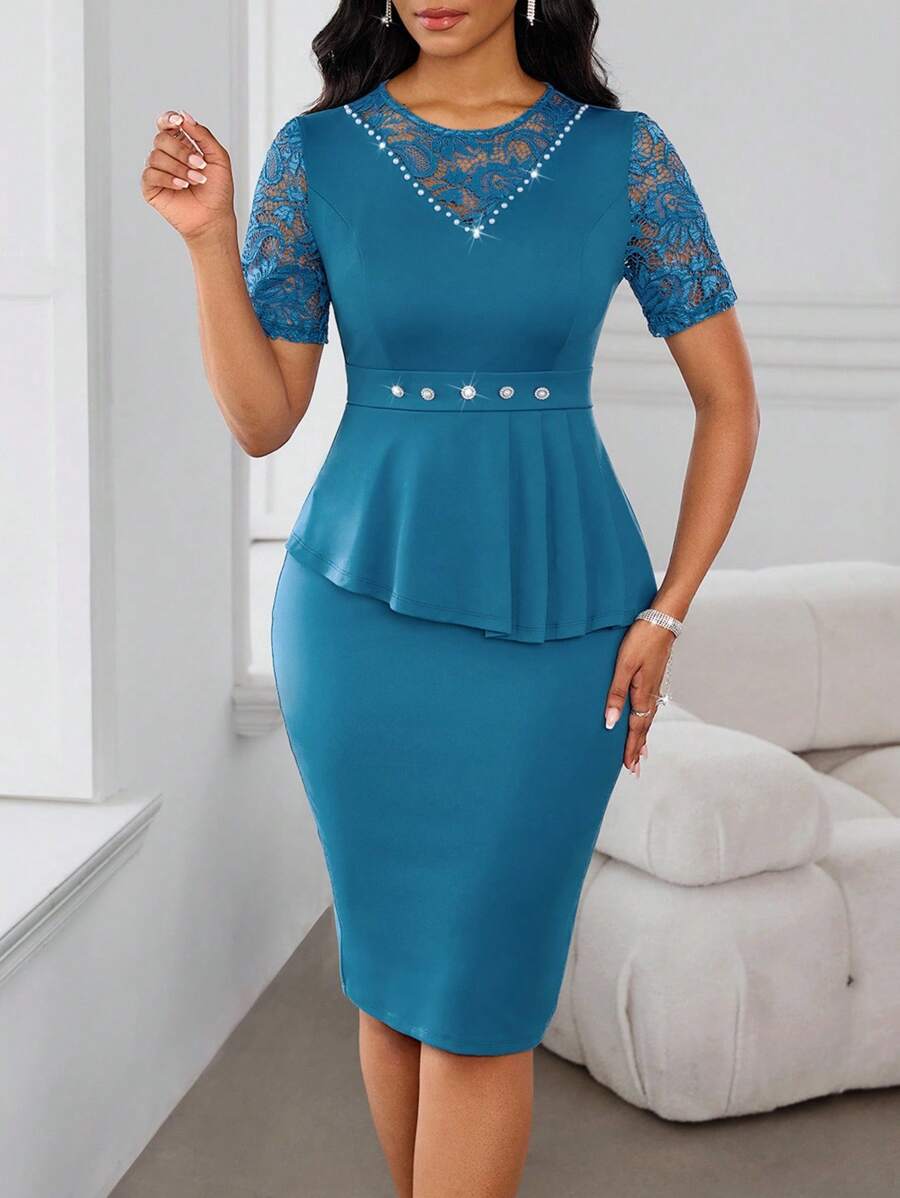 SHEIN Lady Elegant Summer Lace Patchwork Studded Decor Fitted Dress Women Midi Dresses Elegant Party