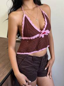 SHEIN EZwear Women's Vacation Casual Contrast Color Trim Backless Halter Knit Top - Brown - View 4