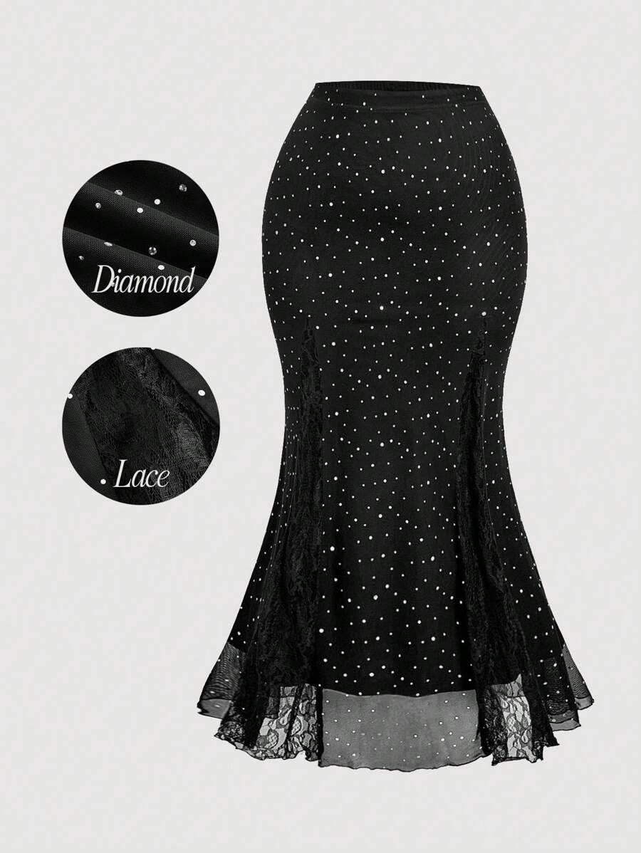 SHEIN MOD Váy lưới đuôi cá thêu ren chắp vá cỡ lớn cạp cao - màu đen - Xem 1