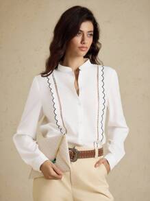 Briarwyn Camisa de manga larga con cuello en muesca, ribete de contraste y borde de concha, adecuada para ir al trabajo y uso diario, primavera/otoño