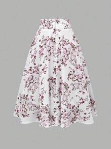Franclia Women's Floral Print Twist Waist Elegant A-Line Skirt - White - View 2