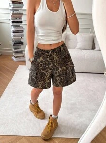 SHEIN ICON Women's Leopard Print Cargo Pocket Wide Leg Casual Denim Shorts - Multicolor - View 4