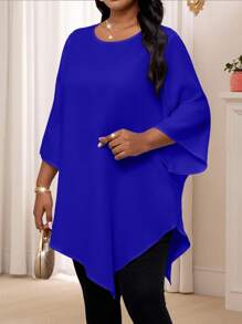SHEIN Lady 2025 New Plus Size Women Solid Metallic Round Neck 3 4 Sleeve Loose Asymmetric Hem Elegant Blouse Valentine's Day New Year Party Thanksgiving Holiday - Royal Blue - View 4
