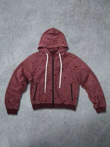 ROMWE MEN Grunge Punk Men's Streetwear Distressed Effect Hoodie Sweatshirt, American Style Design - Red - View 2