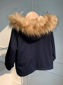 SHEIN 男婴保暖加厚外套，舒适百搭，休闲时尚，日常实用风格，带人造毛领连帽，长袖绗缝外套，适合室内、室外、日常、运动、玩耍、派对、假日、返校季、街头穿搭、秋冬季穿着。 - 藏蓝色 - 查看 2