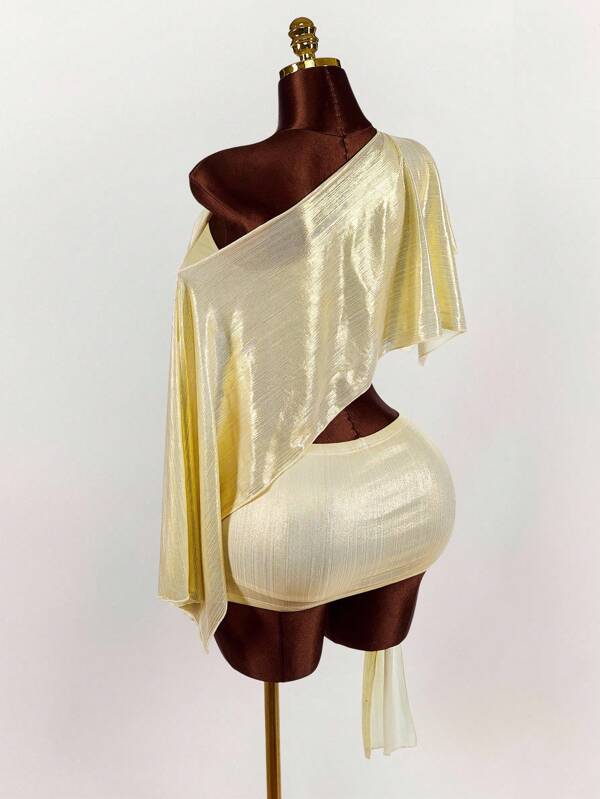 Amplova Conjunto de 2 piezas con top corto de cuello asimétrico y minifalda ajustado con acento metálico para mujer