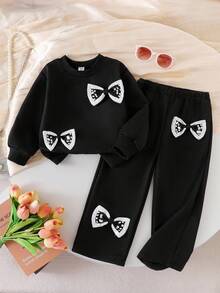 SHEIN 两件套女童黑色珍珠蝴蝶结长袖卫衣裤套装，舒适休闲日常穿着，春秋冬季皆宜 - 黑色 - 查看 6